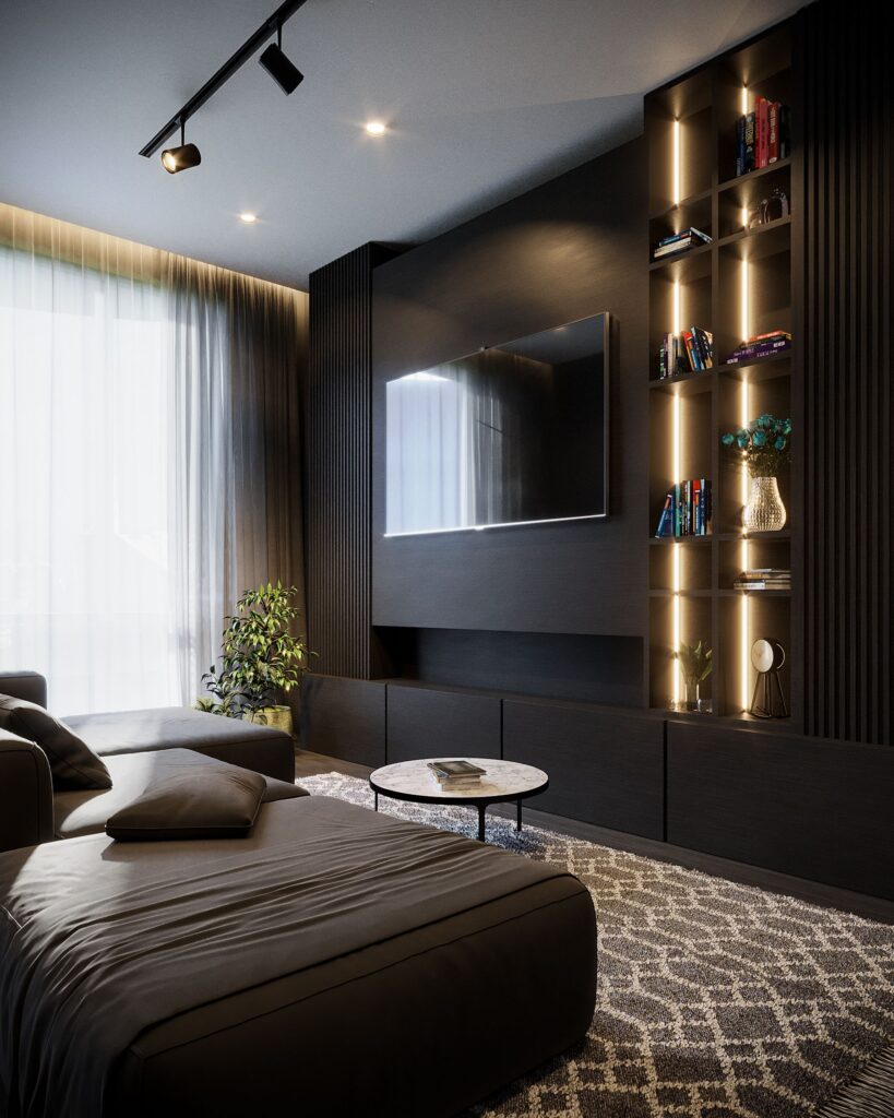Living room with warm shelf and track lighting