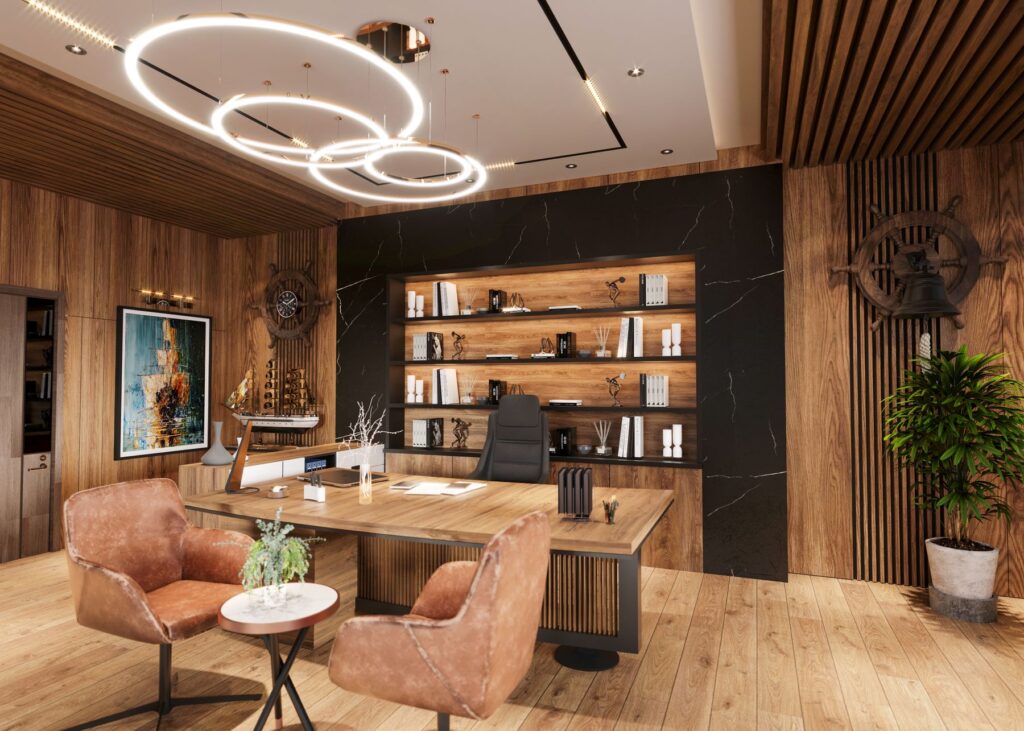 Office with suspended ring lighting